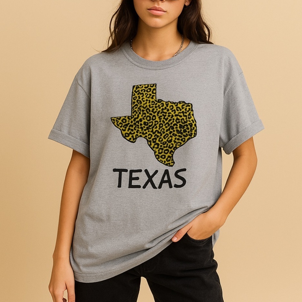 Oversized Gray Texas Leopard Print Graphic T-Shirt Short Sleeve Unisex Size L